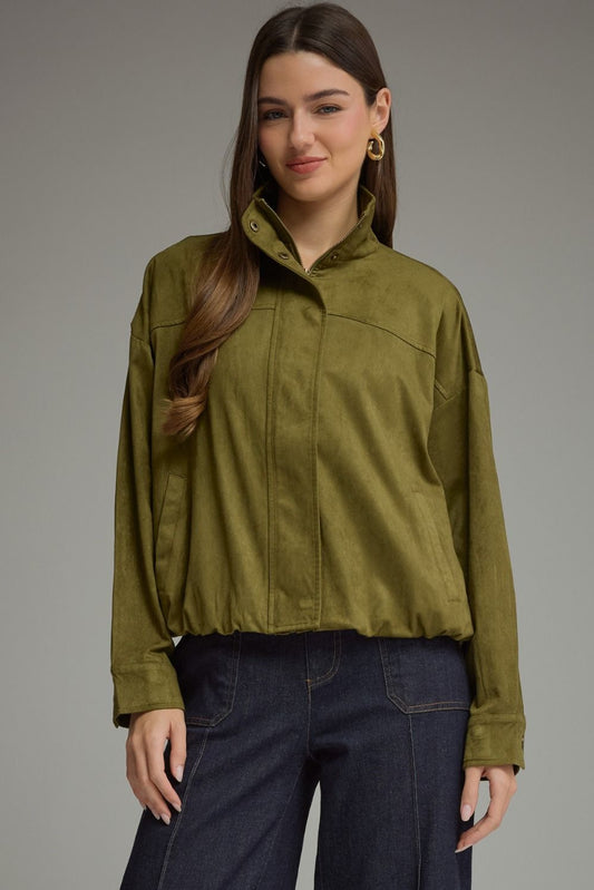 A polished yet practical woven jacket featuring a sleek high neckline, zip-front closure, and an easy elasticized hem for a modern everyday layer.

