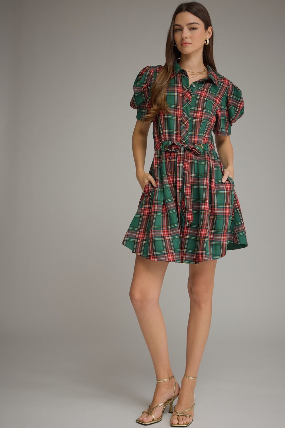 A charming plaid mini dress featuring feminine puff sleeves, a classic shirt collar, and a self-tie waist for a flattering silhouette.


