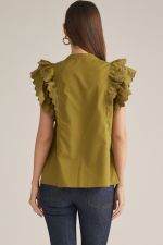 A feminine sleeveless top featuring a split neckline, front self-tie, and layered shoulder ruffles finished with delicate eyelet trim.
