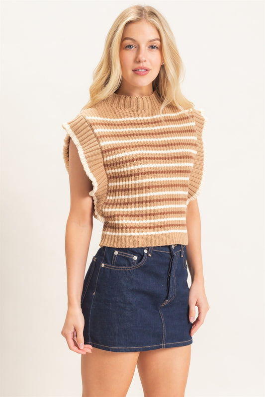 A chic striped ribbed sweater featuring feminine ruffle sleeves, a relaxed fit, and a soft ribbed hem for effortless everyday style.
