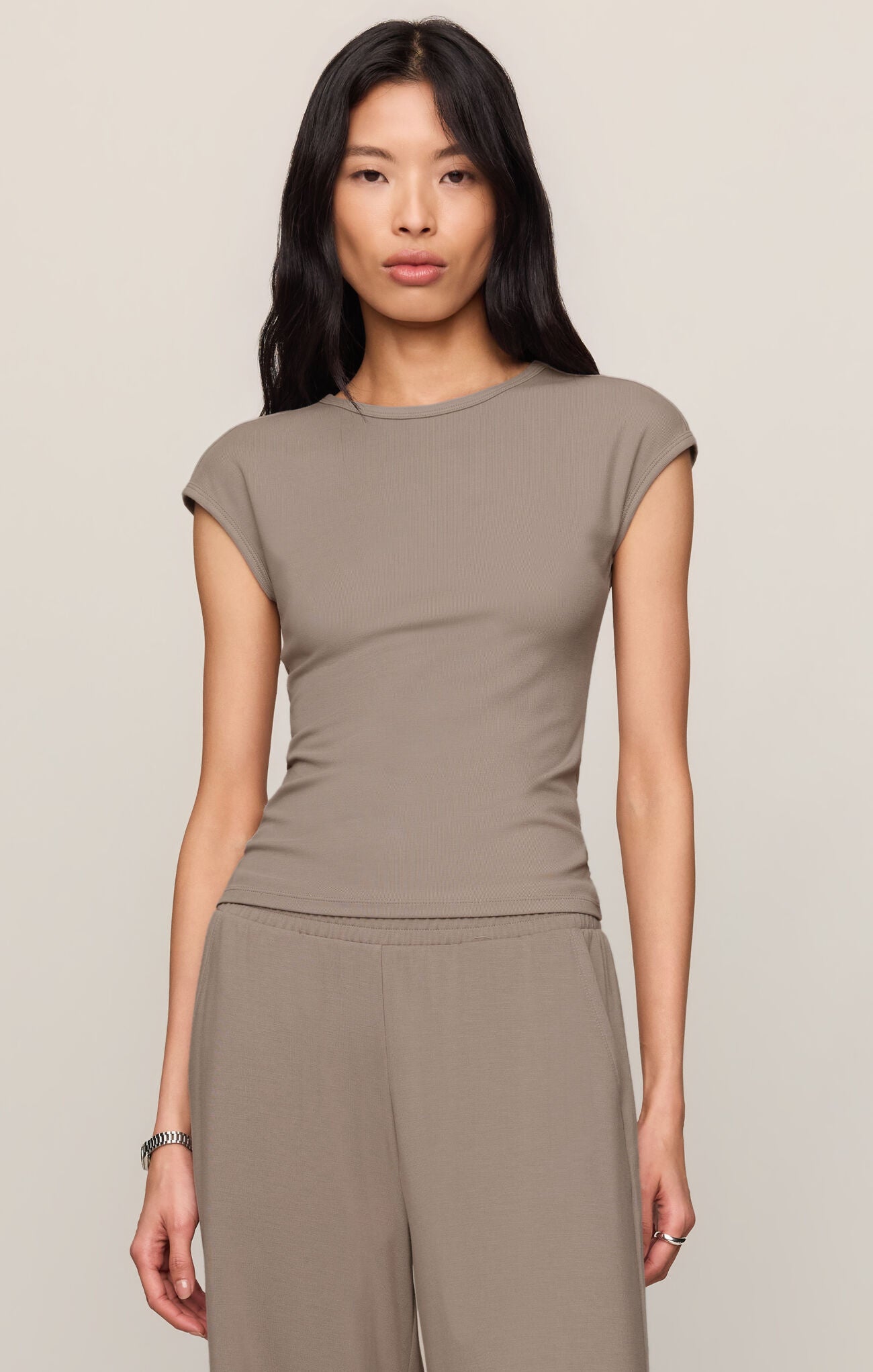 ultra-soft second skin baby rib tee featuring a classic crew neckline and flattering fitted silhouette for effortless everyday style.