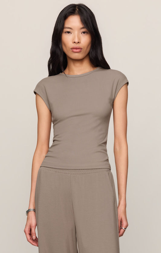 ultra-soft second skin baby rib tee featuring a classic crew neckline and flattering fitted silhouette for effortless everyday style.