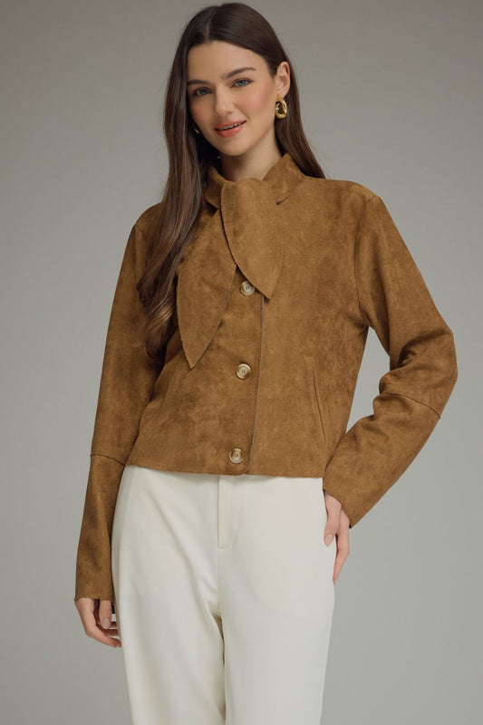 A chic cropped jacket featuring a feminine self-tie neckline, button-front closure, and raw-edge hem for an effortlessly stylish finish.