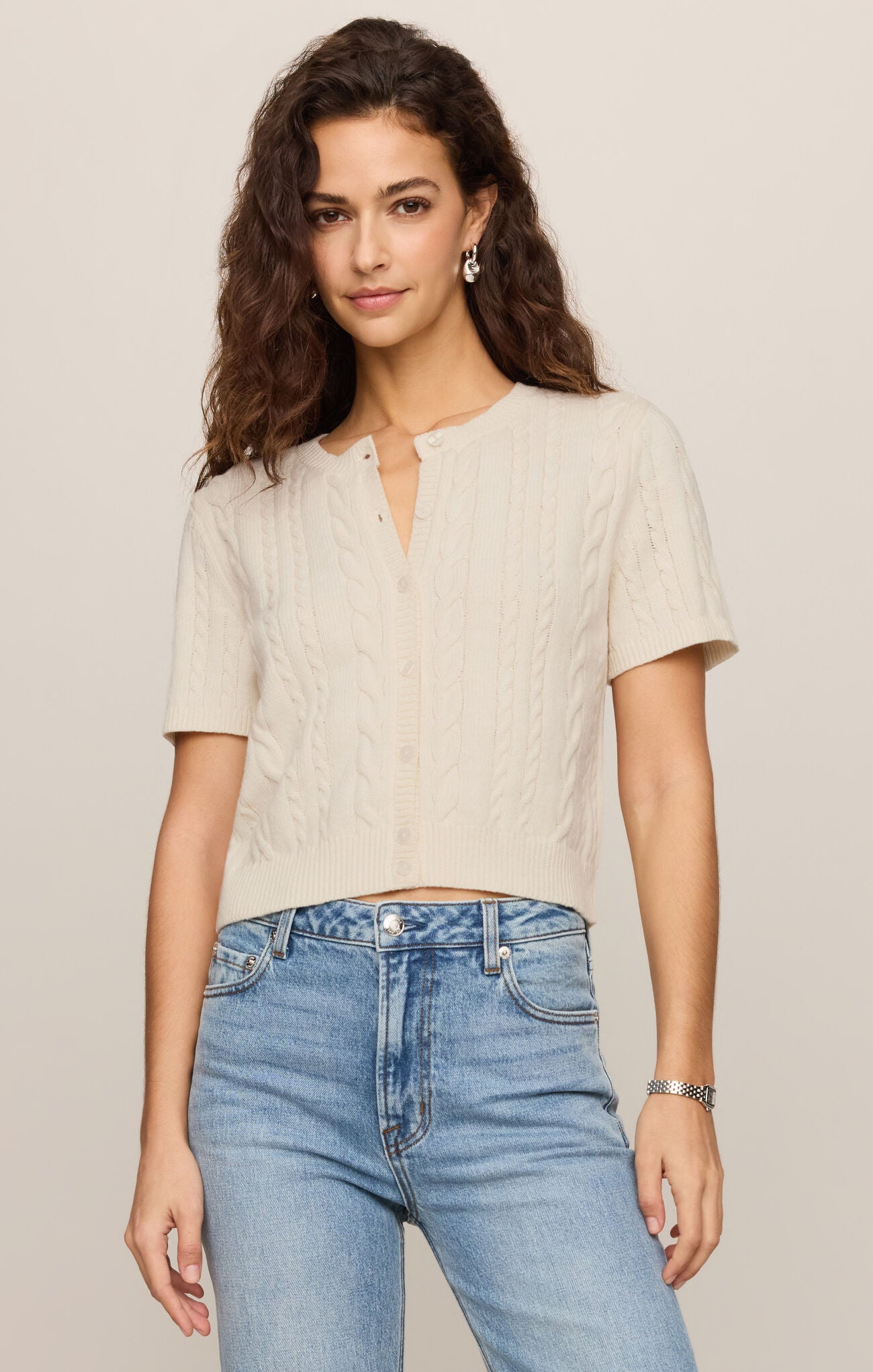 front lightweight cable knit button-front top,crew neckline and short sleeve