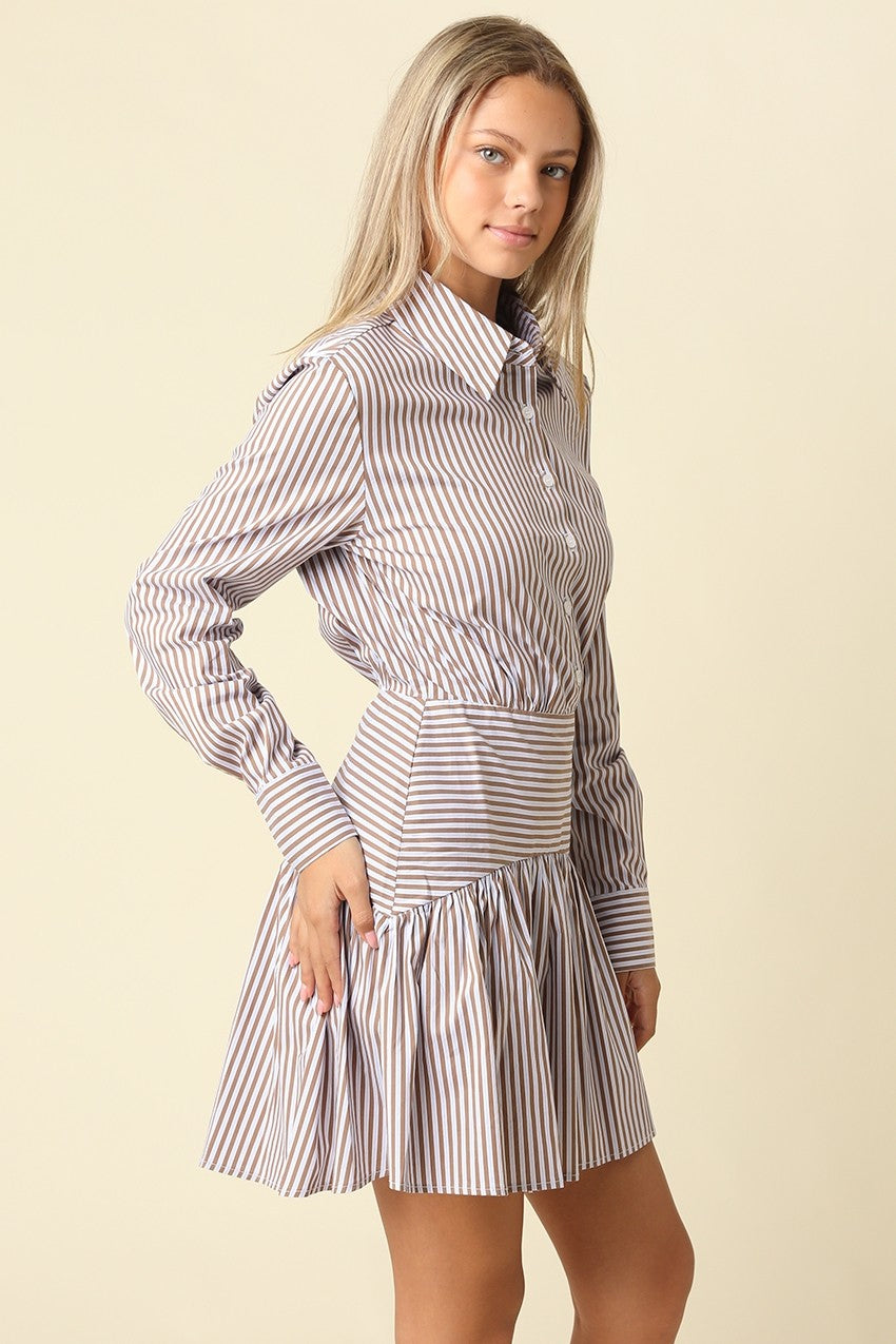 A polished striped shirt dress featuring a classic button-front bodice, fitted drop waist, and gathered flared mini skirt for a feminine silhouette.

