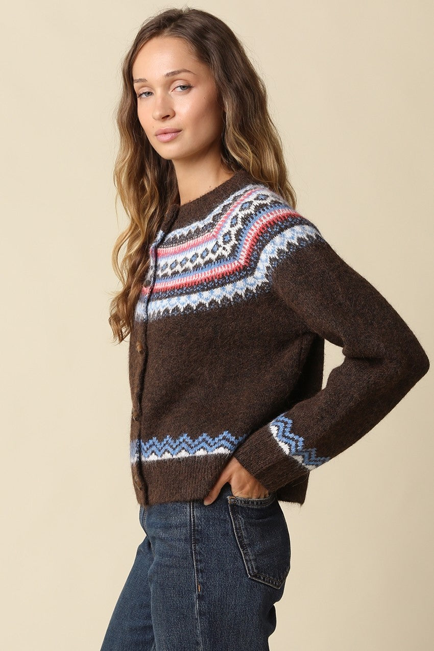 A cozy wool-blend knit cardigan featuring a classic Fair Isle pattern, charming toggle closures, and timeless Nordic-inspired style for chilly days.

