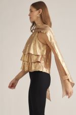 A feminine sleeveless top with layered ruffles, a high neckline, and a long self-tie scarf detail for an effortlessly polished look.
