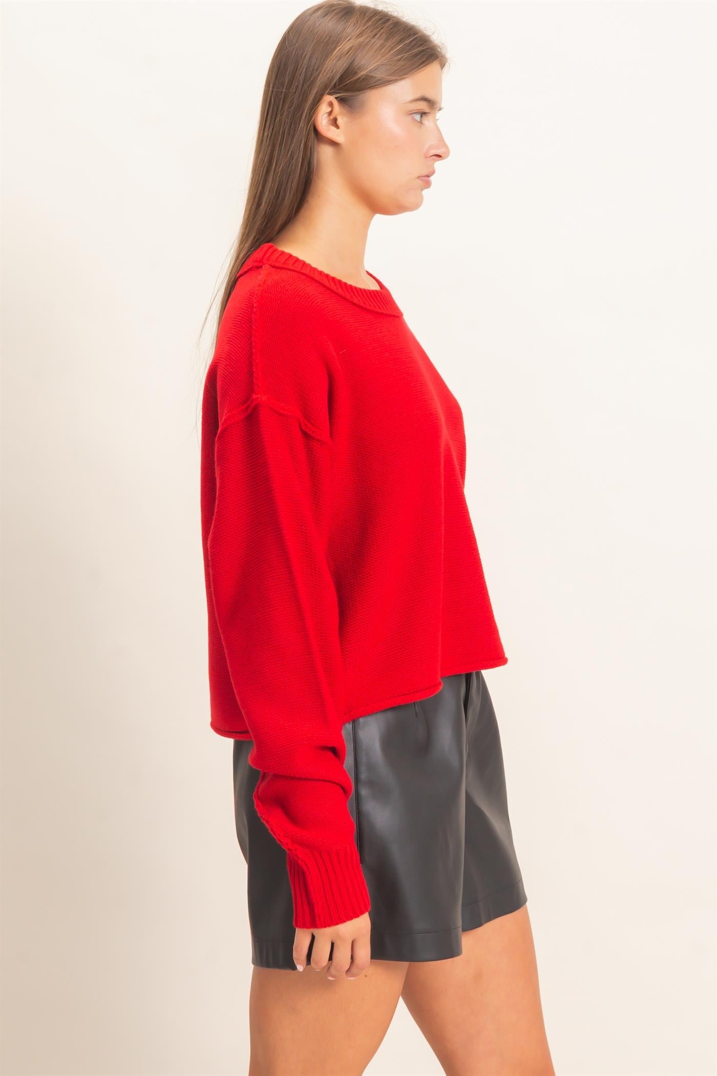 A cozy oversized sweater with relaxed drop shoulders and distinctive reverse-seam detailing for effortlessly modern everyday style.
