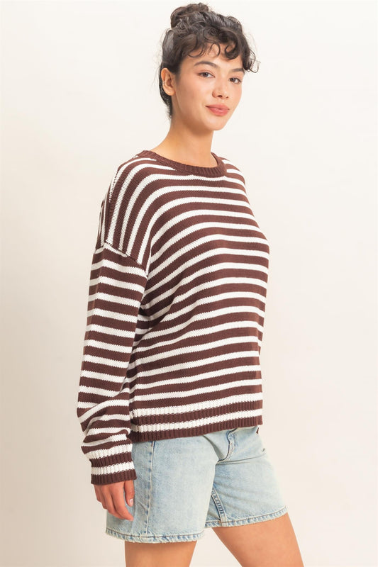 A timeless striped knit sweater featuring a classic crew neckline and relaxed fit for effortless everyday style.