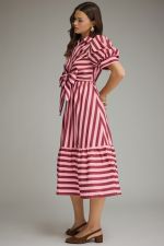 A timeless striped midi dress featuring puff sleeves, a self-tie front, and a collared neckline for effortlessly polished style.
