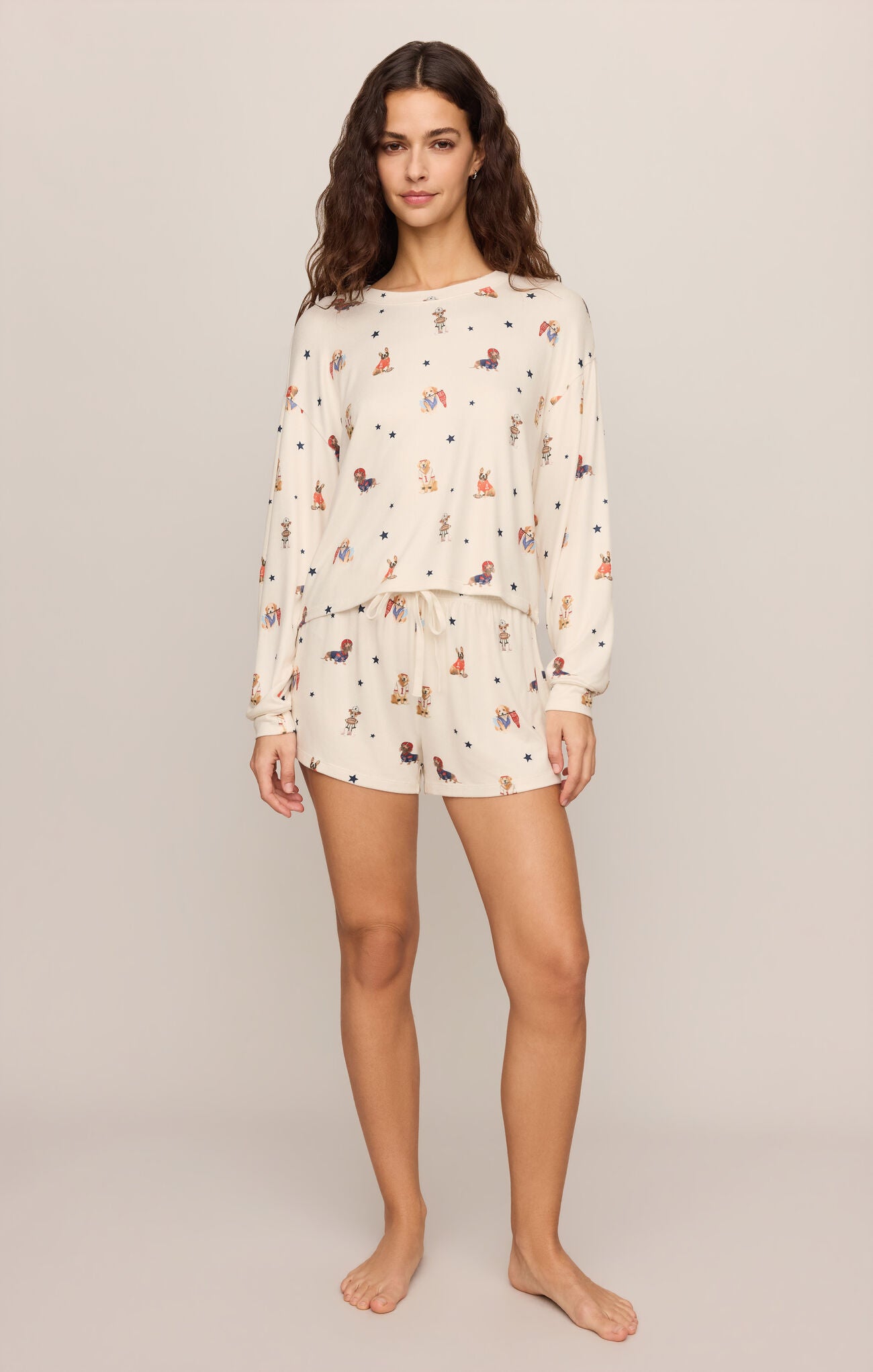 A luxurious silky jersey sleep short featuring a soft stretch fabric, high-rise elastic waistband, and adjustable drawcord for a comfortable night's rest.