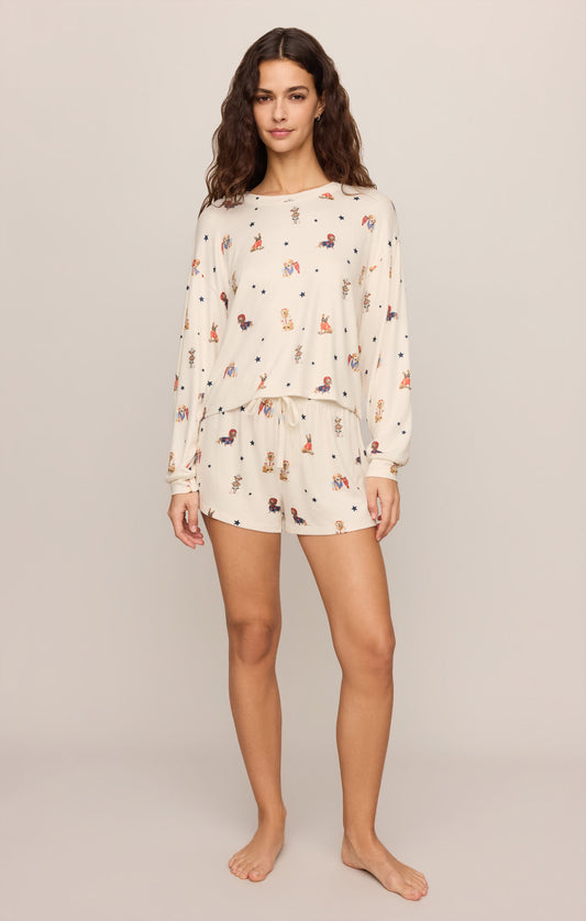 A luxurious silky jersey sleep short featuring a soft stretch fabric, high-rise elastic waistband, and adjustable drawcord for a comfortable night's rest.