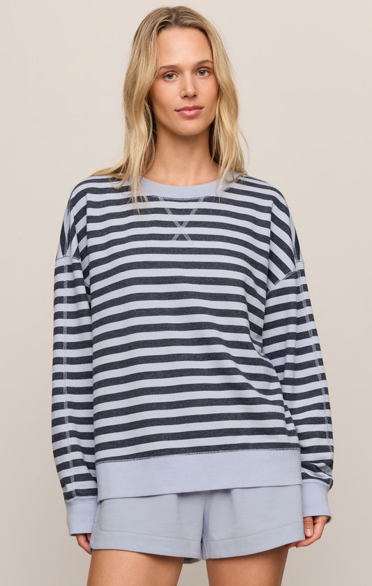 A cozy striped French terry pullover featuring a classic crew neckline and relaxed fit for effortless everyday comfort.