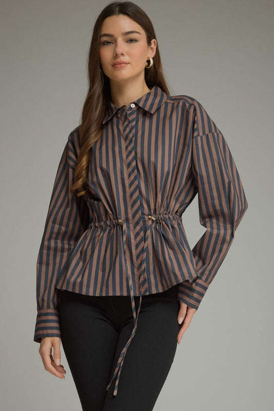 A polished striped top featuring a classic shirt collar, adjustable drawstring waist, button cuffs, and a flattering peplum hem.


