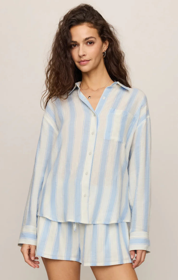 striped linen-blend button-up designed with a lightweight feel and relaxed silhouette