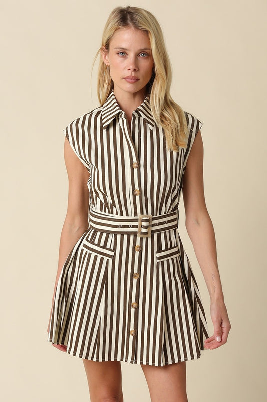 A polished striped mini dress featuring a flattering fit-and-flare silhouette, button-front design, and coordinating waist belt for effortless everyday sophistication.