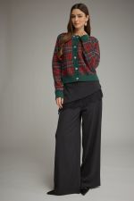 A polished plaid knit jacket featuring elegant jeweled trim, a classic button-front closure, and ribbed finishes for a sophisticated seasonal layer.