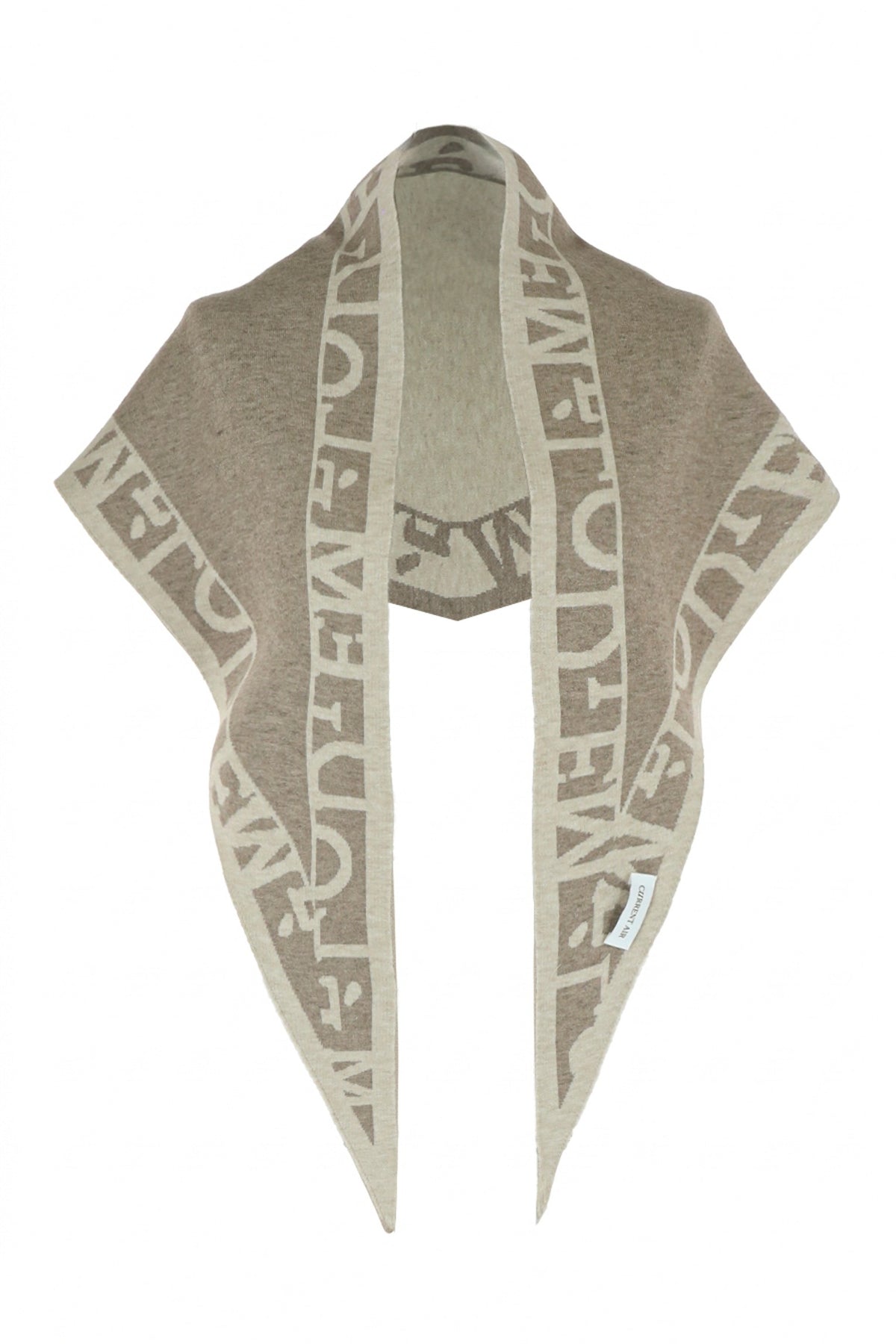 A beige and taupe knit scarf with a repeating monogram pattern, displayed on a white background.
