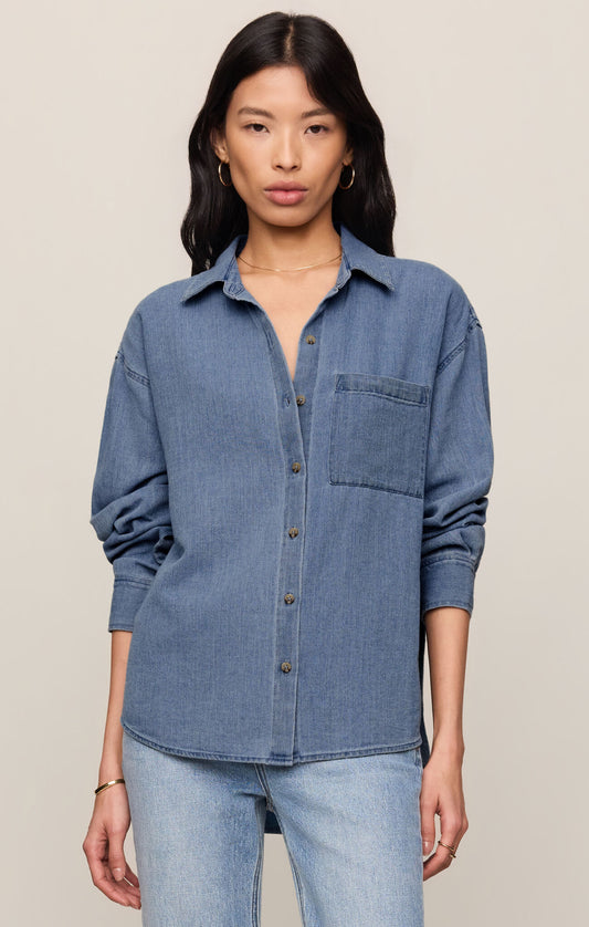 front cotton indigo button up twill shirt featuring a collared neckline, and 3/4 sleeves
