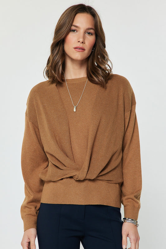 A beautifully soft knit sweater with a relaxed fit, elegant twist-front detail, and flowing dolman sleeves for effortless everyday style.