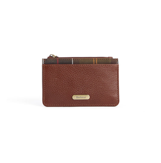 Natural leather and Barbour Classic tartan trimmed card wallet with zipped section for coins. RFID protected.