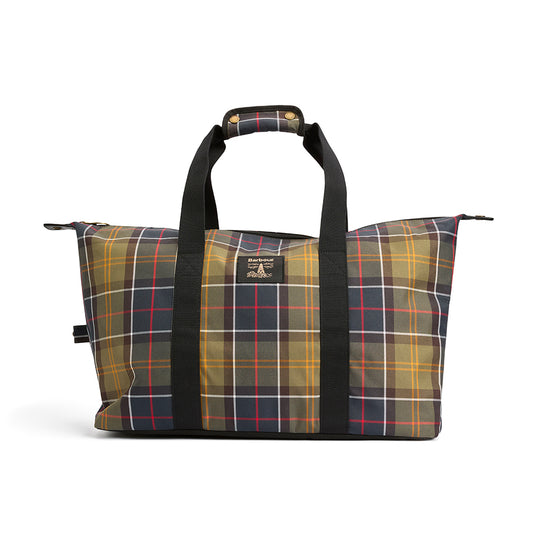Barbour tartan carry all bag with webbing straps and zipped closure.