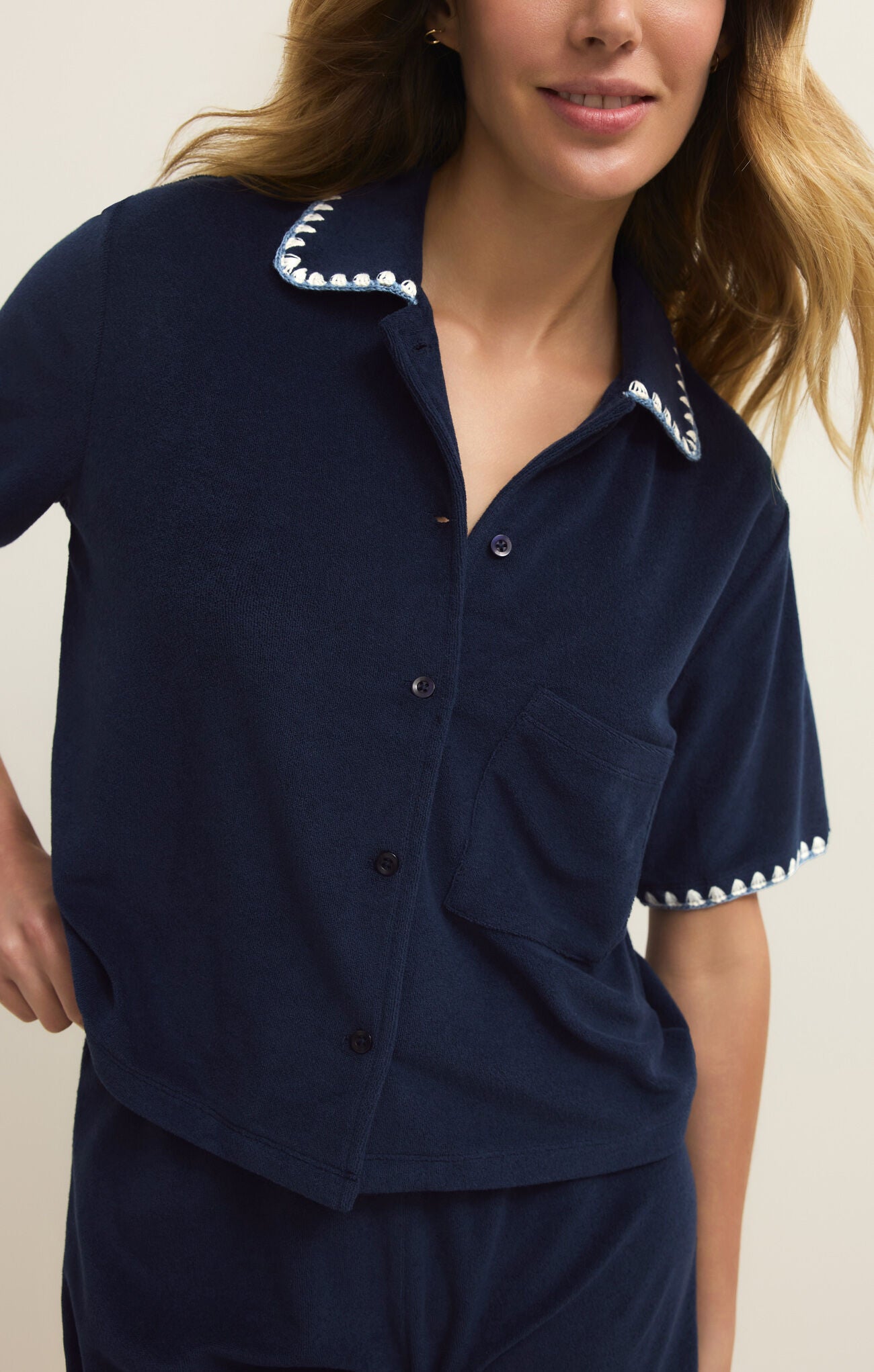 Relaxed fit terry cloth lounge shirt with button front