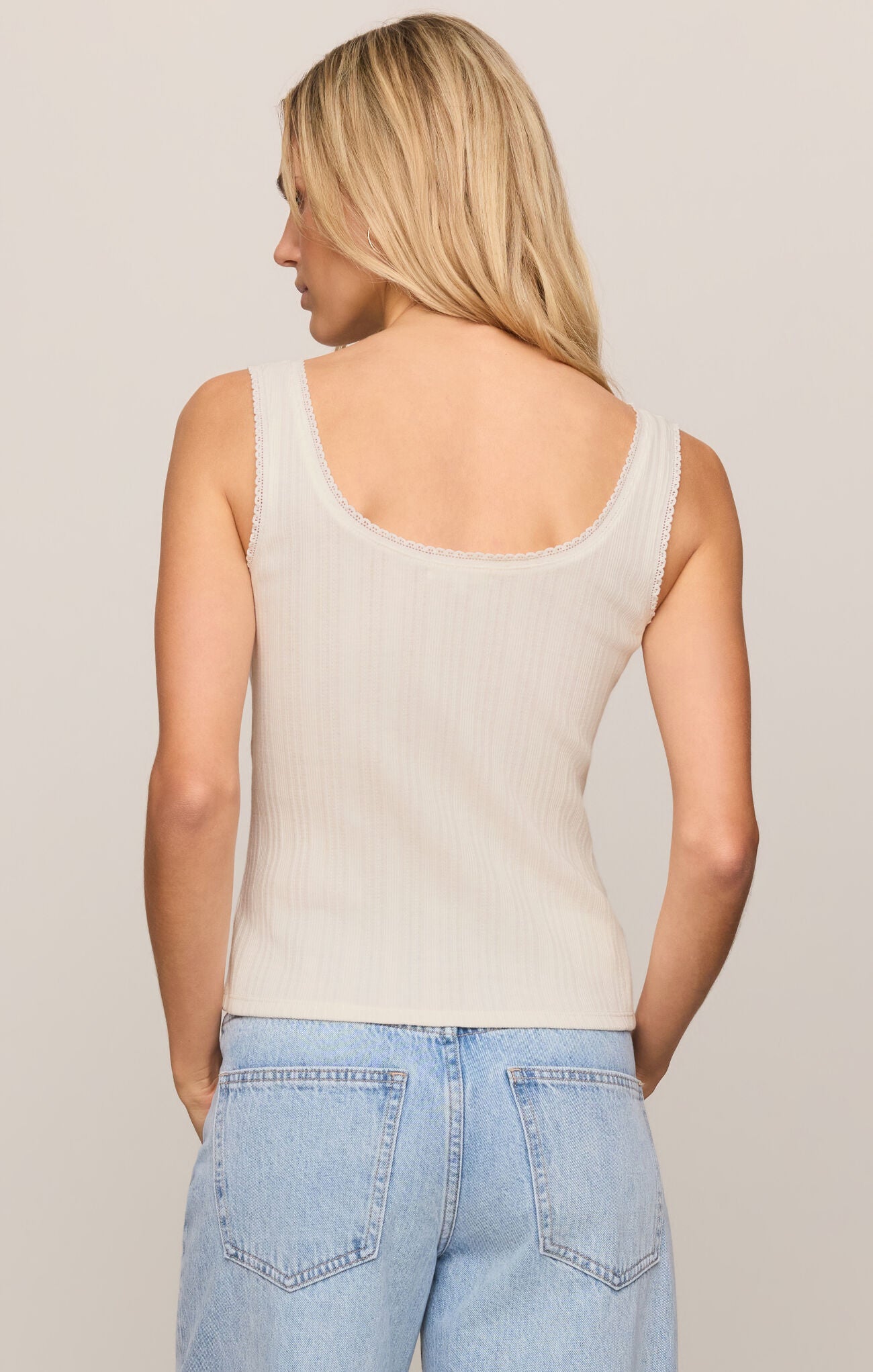  pointelle rib tank featuring a classic button-front design, wide straps, and a flattering scoop neckline 